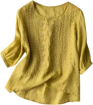 Linen Shirts for Women Summer Embroidery Boho Casual Blouses Comfy Loose Short Sleeve Crew Neck Tees Plus Size Tops