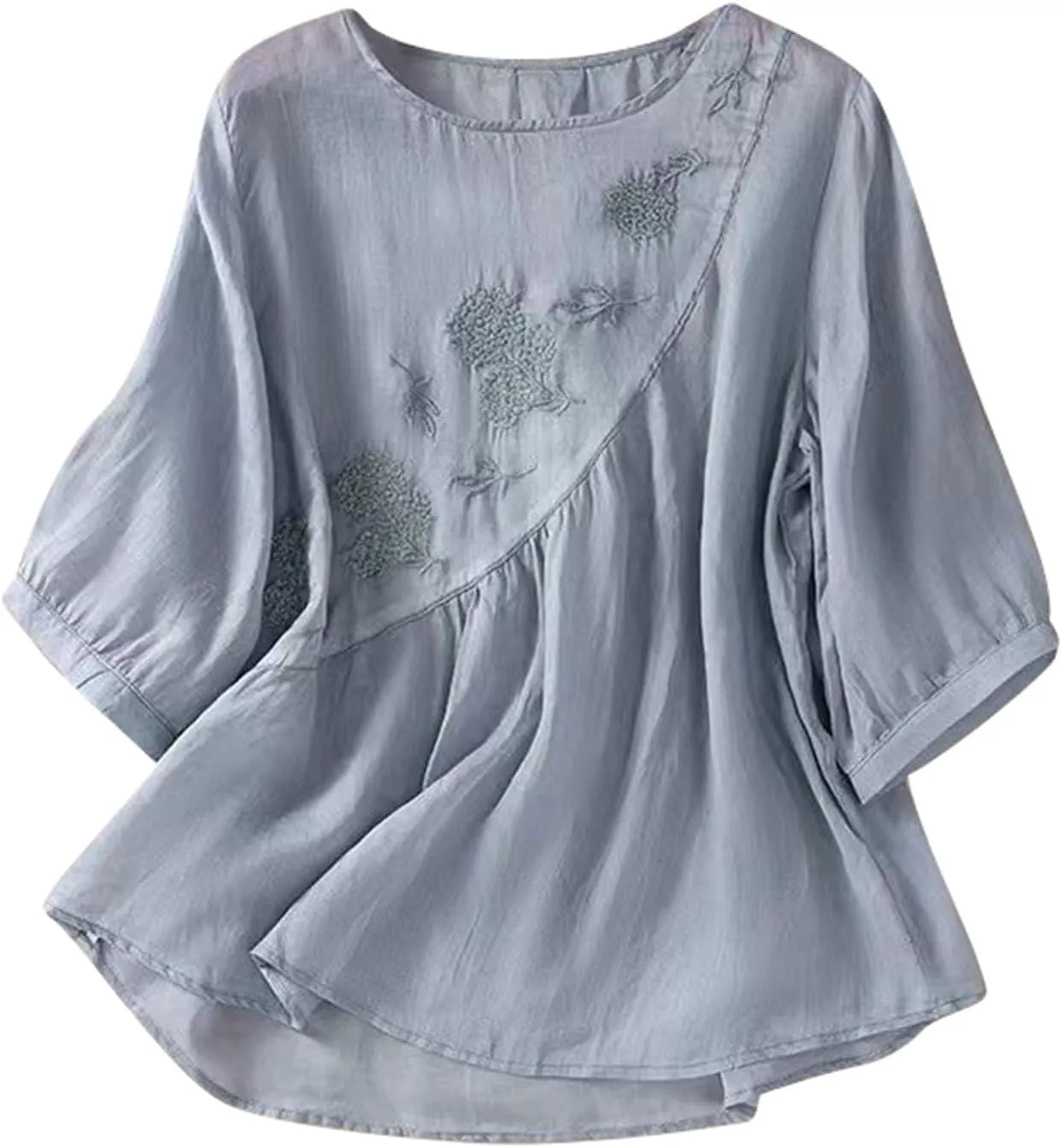 Linen Shirts for Women Summer Embroidery Boho Casual Blouses Comfy Loose Short Sleeve Crew Neck Tees Plus Size Tops