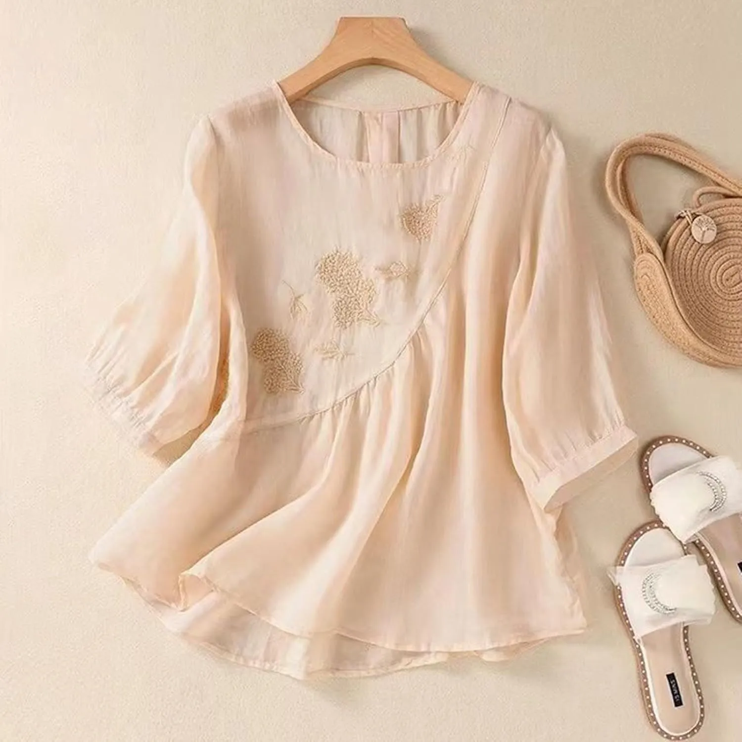Linen Shirts for Women Summer Embroidery Boho Casual Blouses Comfy Loose Short Sleeve Crew Neck Tees Plus Size Tops