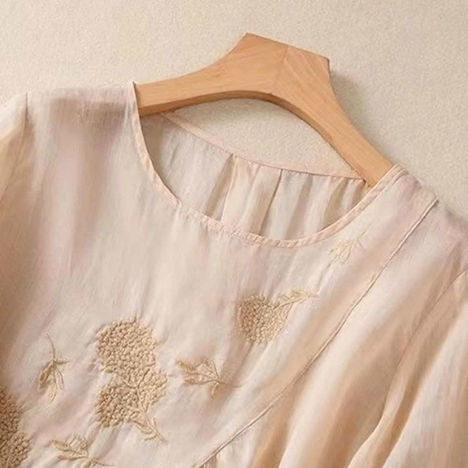 Linen Shirts for Women Summer Embroidery Boho Casual Blouses Comfy Loose Short Sleeve Crew Neck Tees Plus Size Tops