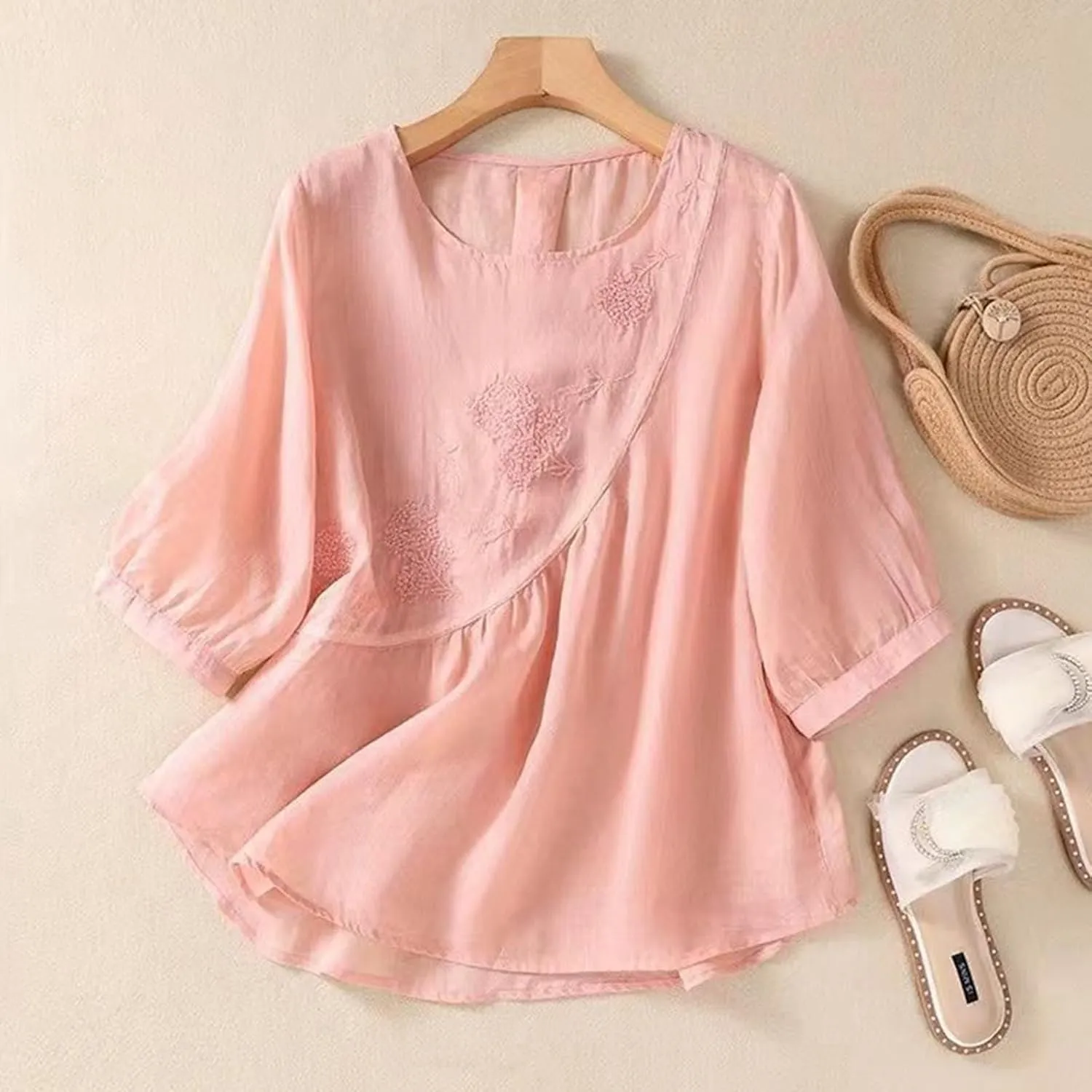 Linen Shirts for Women Summer Embroidery Boho Casual Blouses Comfy Loose Short Sleeve Crew Neck Tees Plus Size Tops