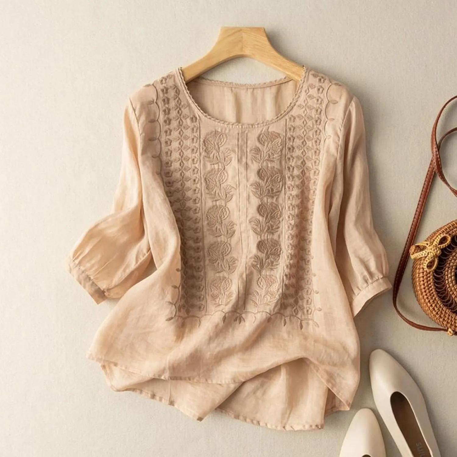 Linen Shirts for Women Summer Embroidery Boho Casual Blouses Comfy Loose Short Sleeve Crew Neck Tees Plus Size Tops