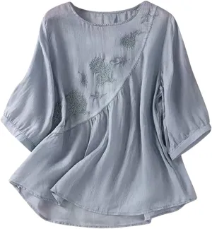 Linen Shirts for Women Summer Embroidery Boho Casual Blouses Comfy Loose Short Sleeve Crew Neck Tees Plus Size Tops