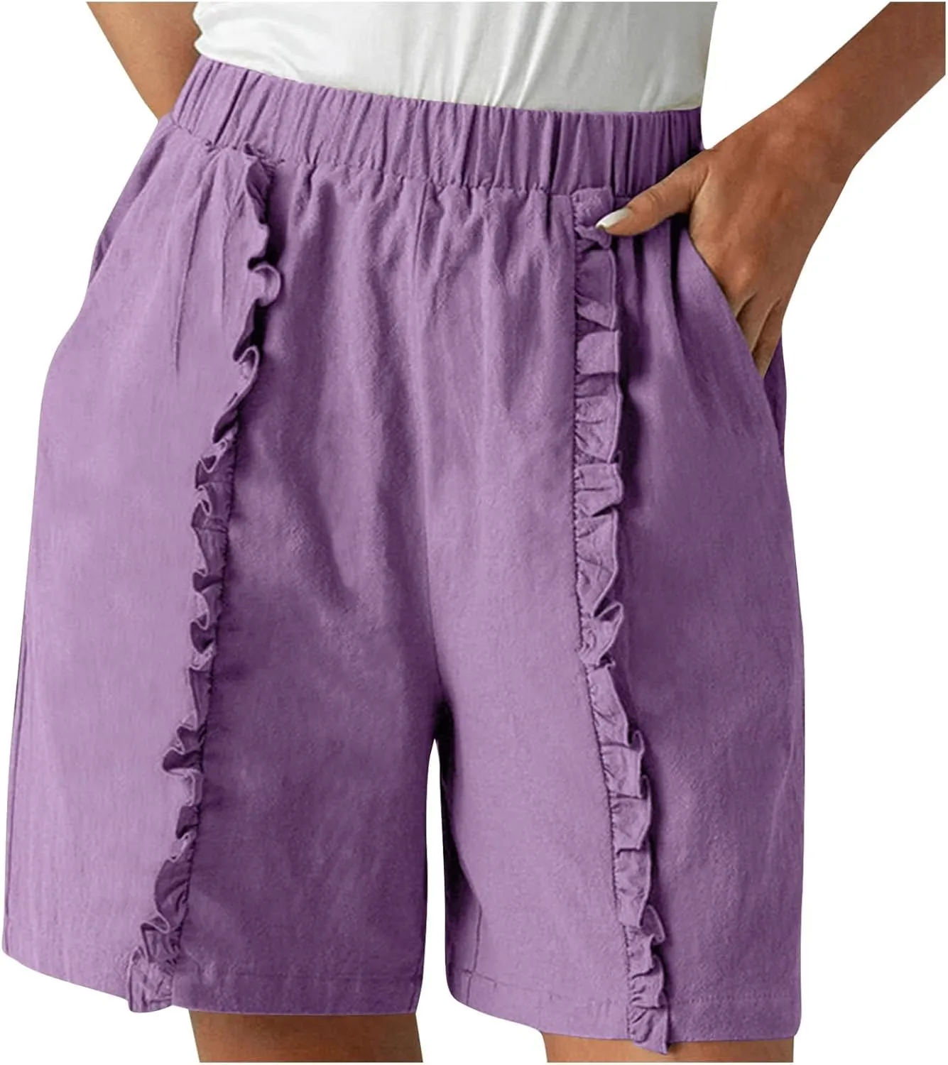 Linen Shorts for Women Casual Summer High Waisted Chino Shorts Straight Leg Falbala Hiking Vacation Outfits