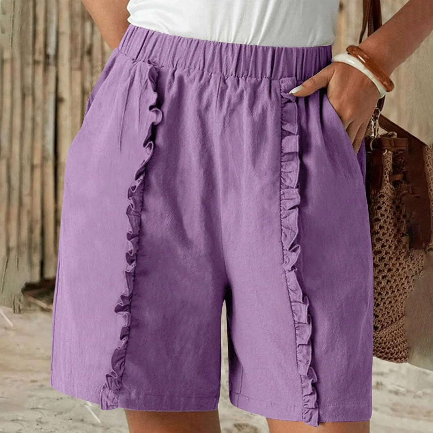 Linen Shorts for Women Casual Summer High Waisted Chino Shorts Straight Leg Falbala Hiking Vacation Outfits