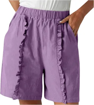 Linen Shorts for Women Casual Summer High Waisted Chino Shorts Straight Leg Falbala Hiking Vacation Outfits