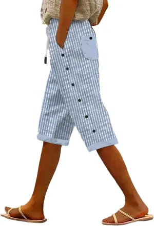 Linen Shorts for Women Casual Summer Shorts Plus Size High Waisted Wide Leg Drawstring Pants with Pockets