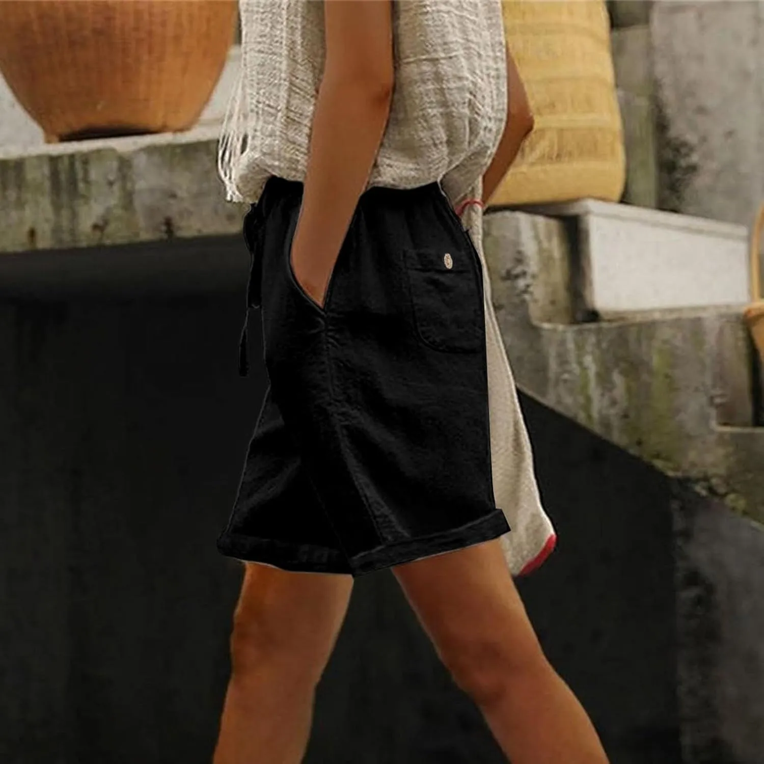 Linen Shorts for Women Plus Size Casual Loose Elastic Drawstring Summer Beach Bermuda Shorts with Pocket