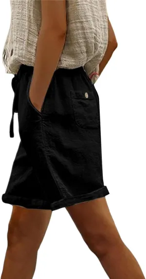 Linen Shorts for Women Plus Size Casual Loose Elastic Drawstring Summer Beach Bermuda Shorts with Pocket