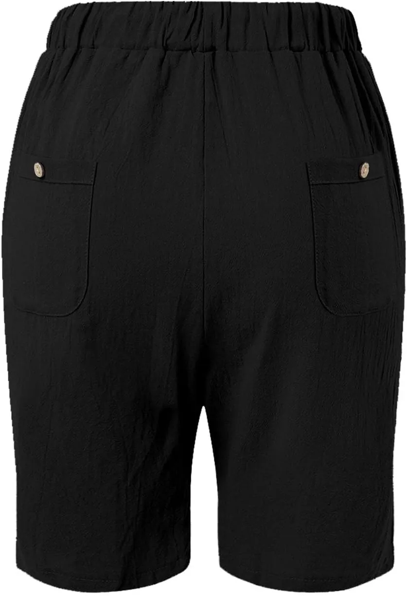 Linen Shorts for Women Plus Size Casual Loose Elastic Drawstring Summer Beach Bermuda Shorts with Pocket