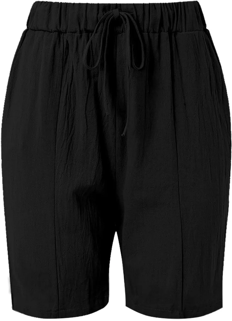 Linen Shorts for Women Plus Size Casual Loose Elastic Drawstring Summer Beach Bermuda Shorts with Pocket