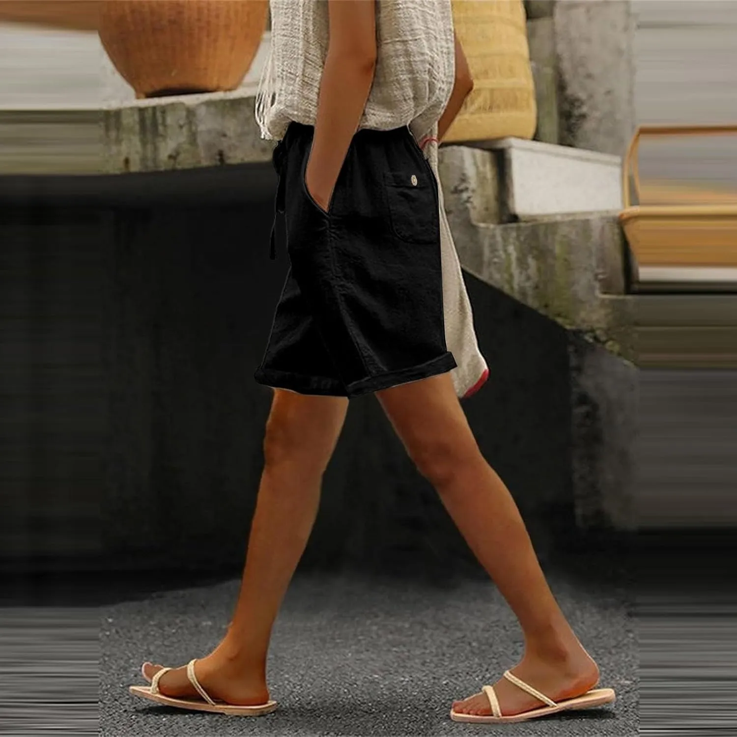 Linen Shorts for Women Plus Size Casual Loose Elastic Drawstring Summer Beach Bermuda Shorts with Pocket