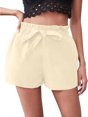 Linen Shorts for Women Summer High Waisted Elastic Running Pants Loose Fit Breathable Beach Vacation Shorts