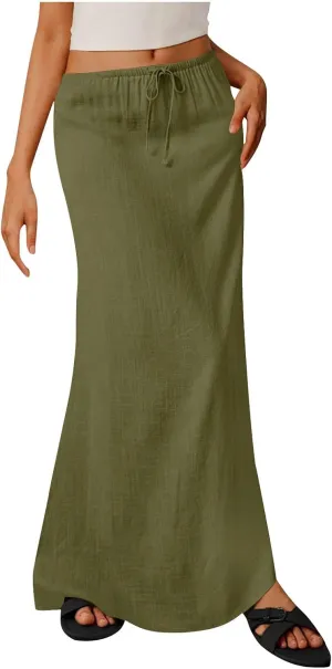 Linen Skirts for Women Summer Trendy Drawstring Low Waist A Line Skirt Casual Loose Flowy Beach Vacation Boho Skirts