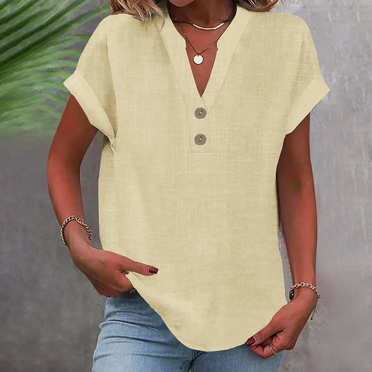 Linen Summer Tops for Women 2025 Trendy Short Sleeve Shirt Casual Button V Neck Tunic Plus Size Blouses Outfits