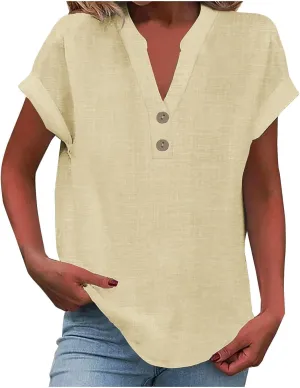 Linen Summer Tops for Women 2025 Trendy Short Sleeve Shirt Casual Button V Neck Tunic Plus Size Blouses Outfits