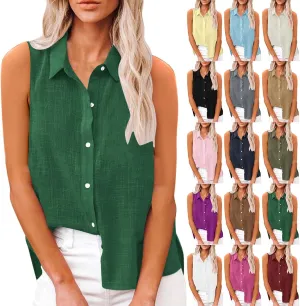 Linen Tank Tops for Women Sleeveless Collared Button Down Shirts Casual Loose Solid Color T-Shirts Summer Basic Tees