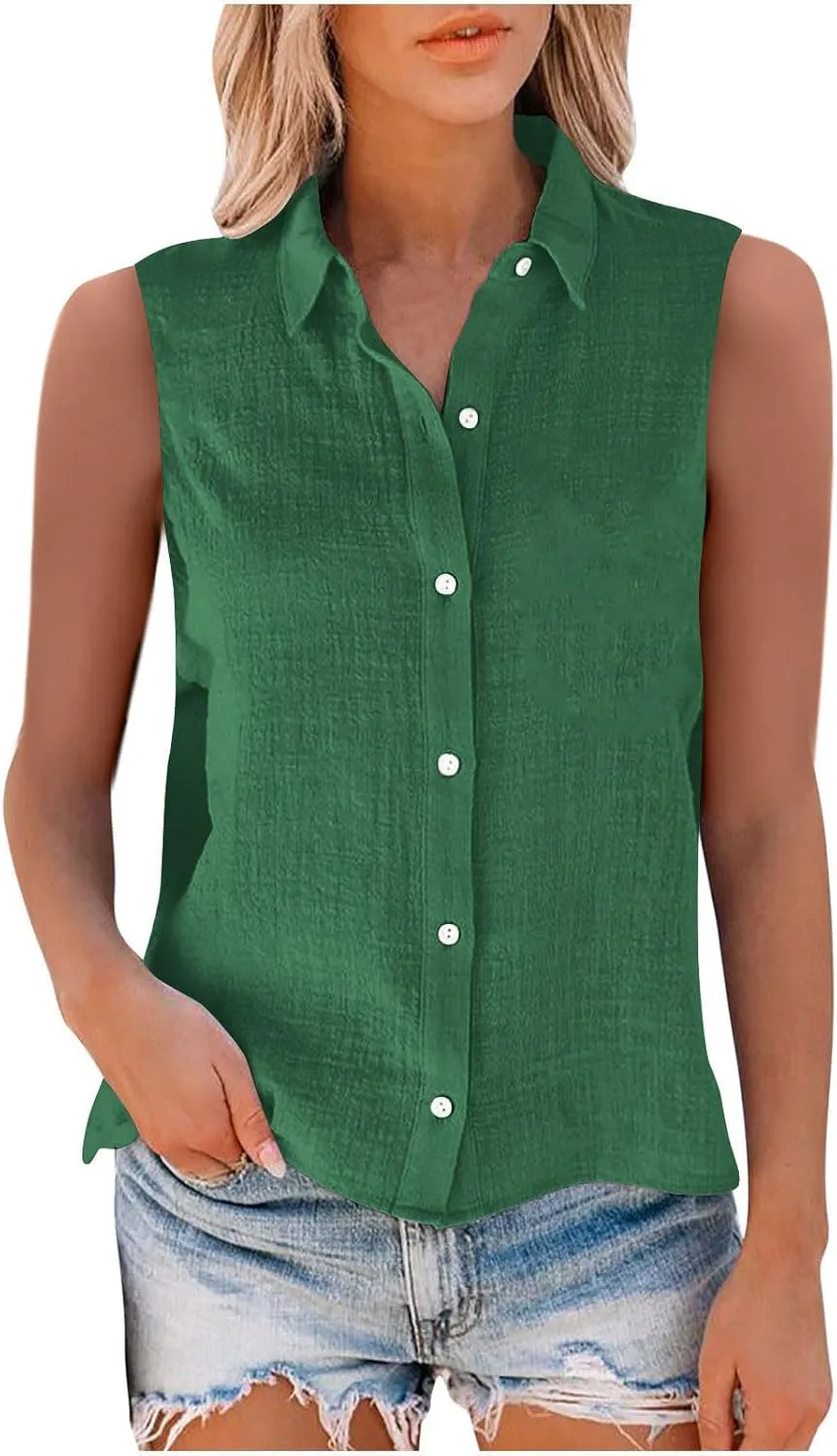 Linen Tank Tops for Women Sleeveless Collared Button Down Shirts Casual Loose Solid Color T-Shirts Summer Basic Tees