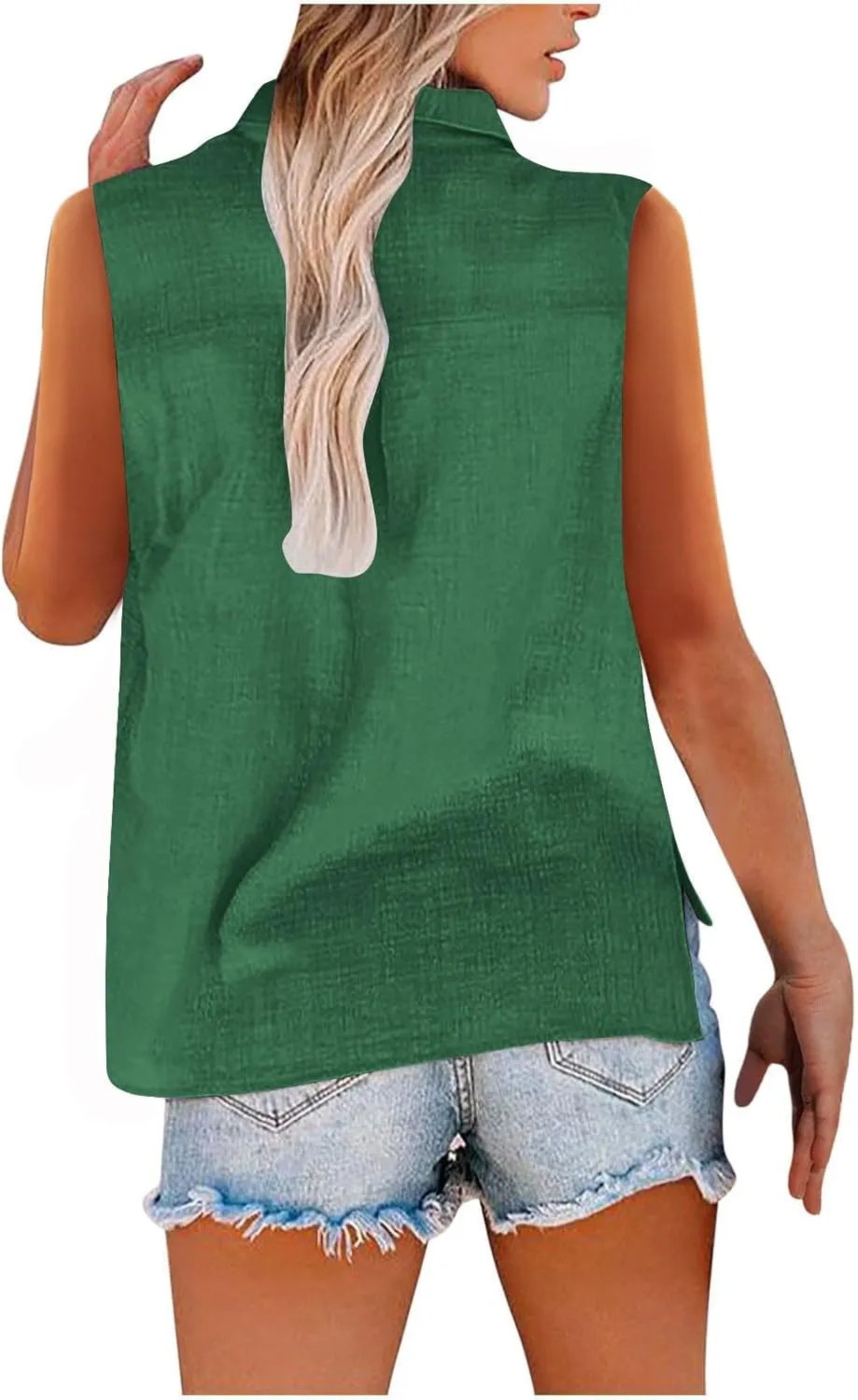 Linen Tank Tops for Women Sleeveless Collared Button Down Shirts Casual Loose Solid Color T-Shirts Summer Basic Tees