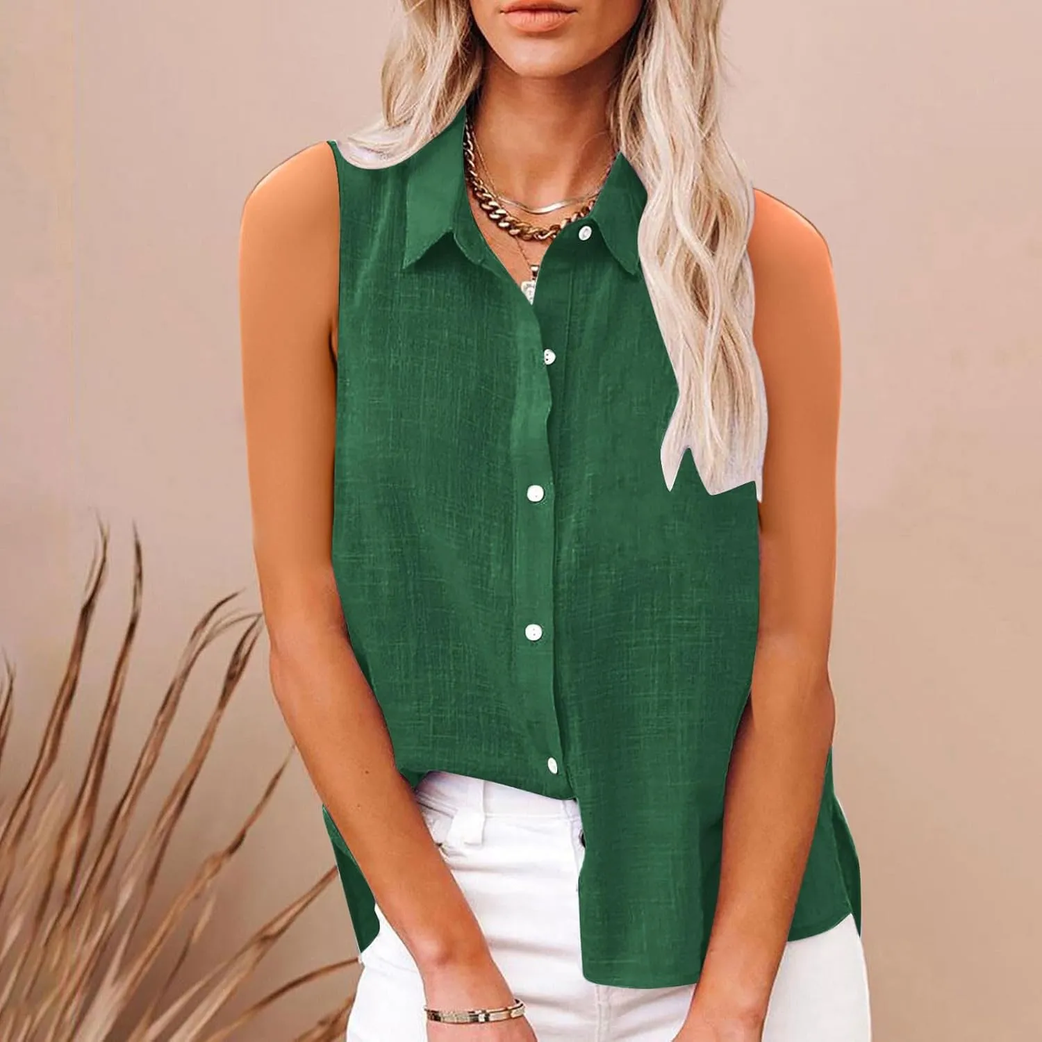 Linen Tank Tops for Women Sleeveless Collared Button Down Shirts Casual Loose Solid Color T-Shirts Summer Basic Tees