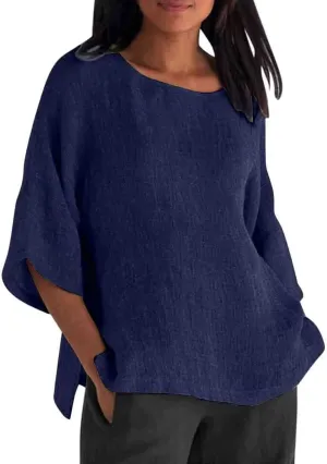 Linen Top Plus Size Women 3/4 Length Sleeve Tunic Tops Casual Crew Neck Tees Shirts 2025 Summer Fashion Blouse