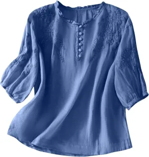 Linen Tops for Women Embroidered Graphic Print T-Shirt Solid Color Short Sleeve Summer Tops Crew Neck Button up Shirt