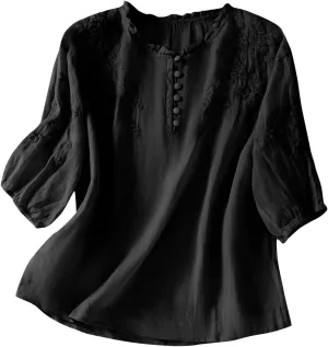 Linen Tops for Women Embroidered Graphic Print T-Shirt Solid Color Short Sleeve Summer Tops Crew Neck Button up Shirt