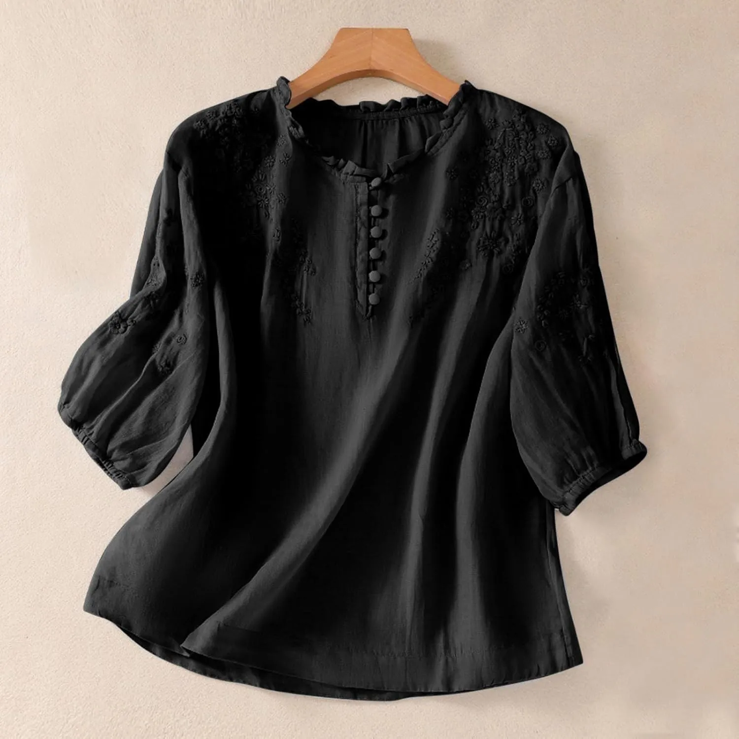 Linen Tops for Women Embroidered Graphic Print T-Shirt Solid Color Short Sleeve Summer Tops Crew Neck Button up Shirt