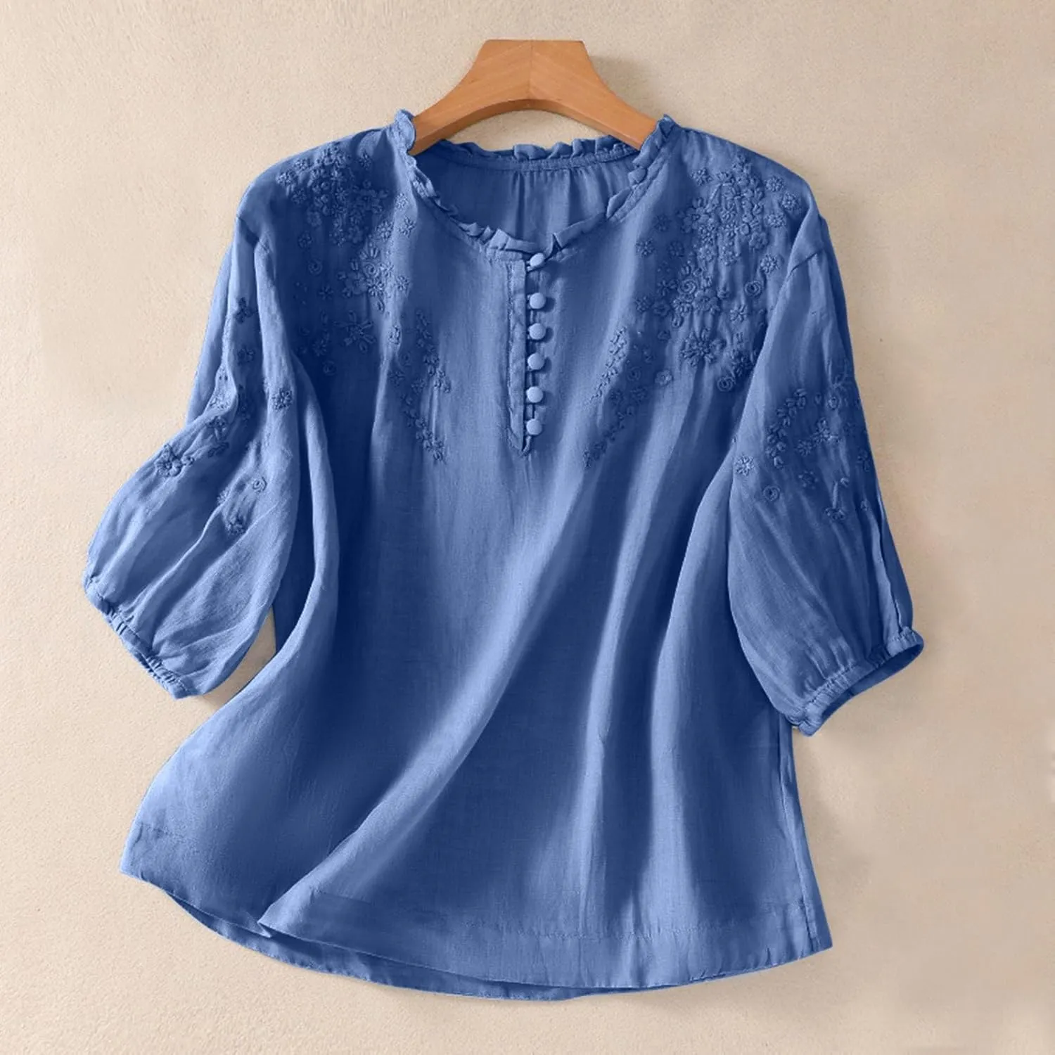 Linen Tops for Women Embroidered Graphic Print T-Shirt Solid Color Short Sleeve Summer Tops Crew Neck Button up Shirt