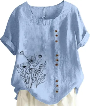 Linen Tops for Women Summer Vintage Floral T Shirt Short Sleeve Round Neck Print T-Shirt Casual Loose Blouse