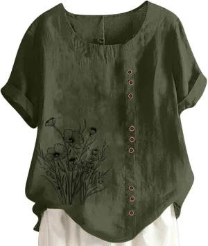 Linen Tops for Women Summer Vintage Floral T Shirt Short Sleeve Round Neck Print T-Shirt Casual Loose Blouse