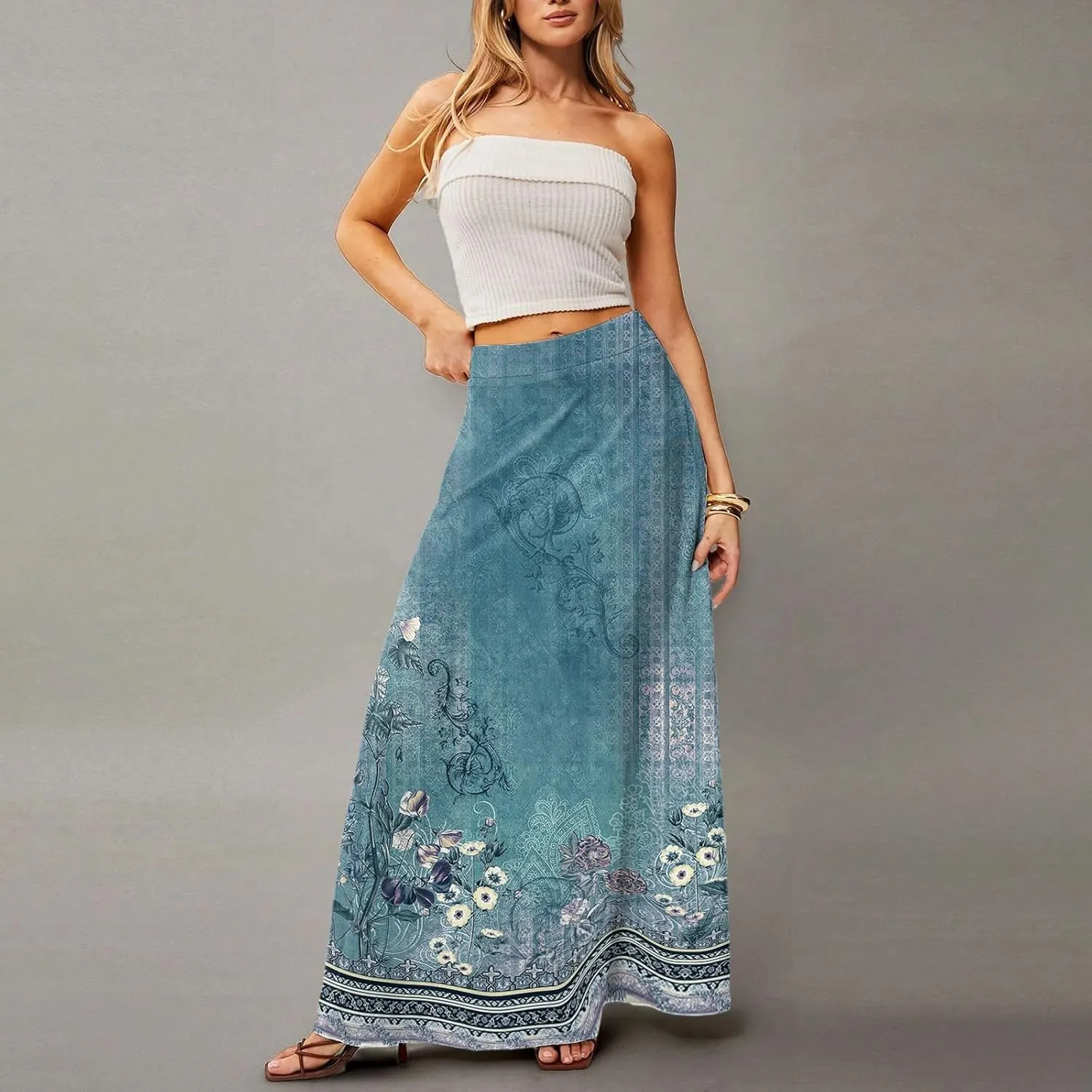 Long Skirts for Women Ankle Length Skirt High Waisted Casual Summer Floral Printed Boho Maxi Skirts with Pockets