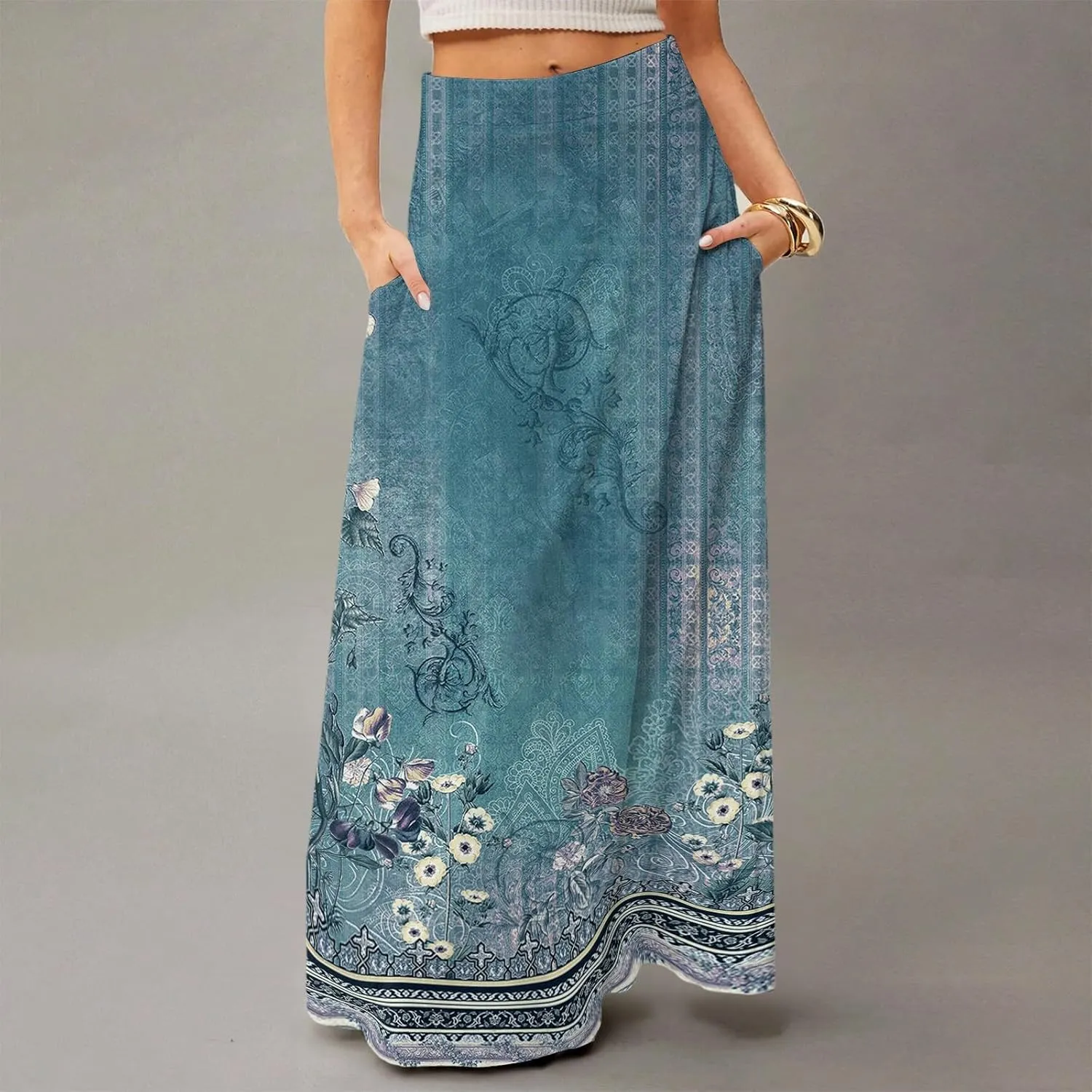 Long Skirts for Women Ankle Length Skirt High Waisted Casual Summer Floral Printed Boho Maxi Skirts with Pockets