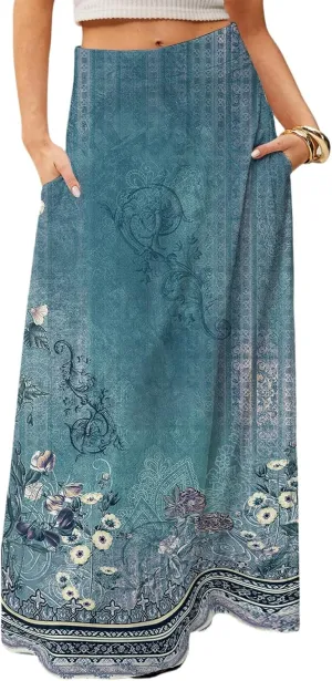 Long Skirts for Women Ankle Length Skirt High Waisted Casual Summer Floral Printed Boho Maxi Skirts with Pockets