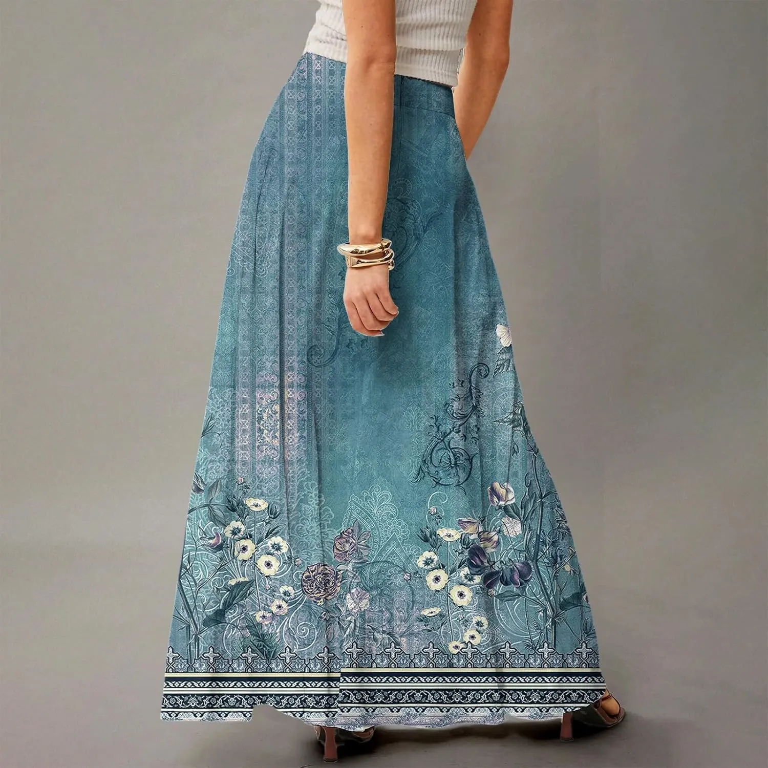 Long Skirts for Women Ankle Length Skirt High Waisted Casual Summer Floral Printed Boho Maxi Skirts with Pockets