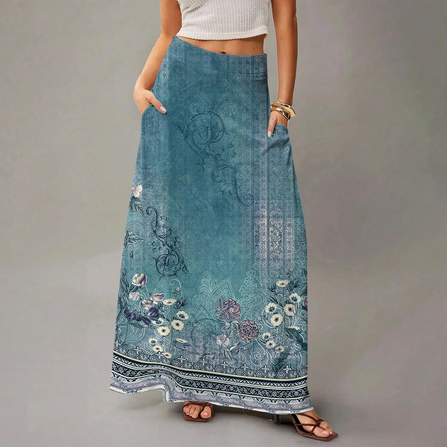 Long Skirts for Women Ankle Length Skirt High Waisted Casual Summer Floral Printed Boho Maxi Skirts with Pockets