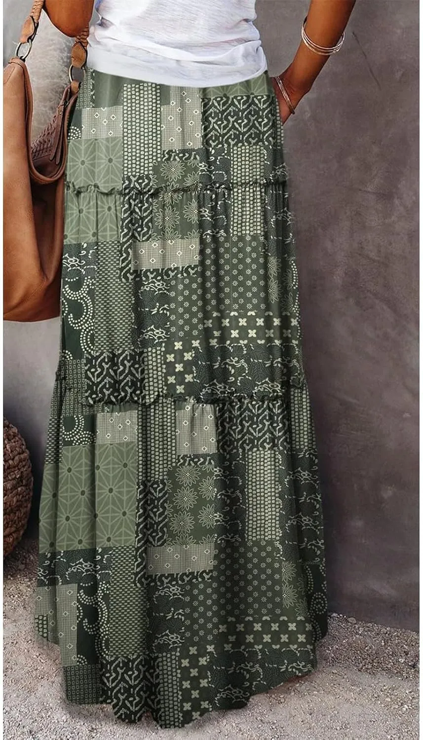 Long Skirts for Women Boho Floral High Waisted Casual A Line Skirt Pleated Beach Flowy Swing Maxi Skirts