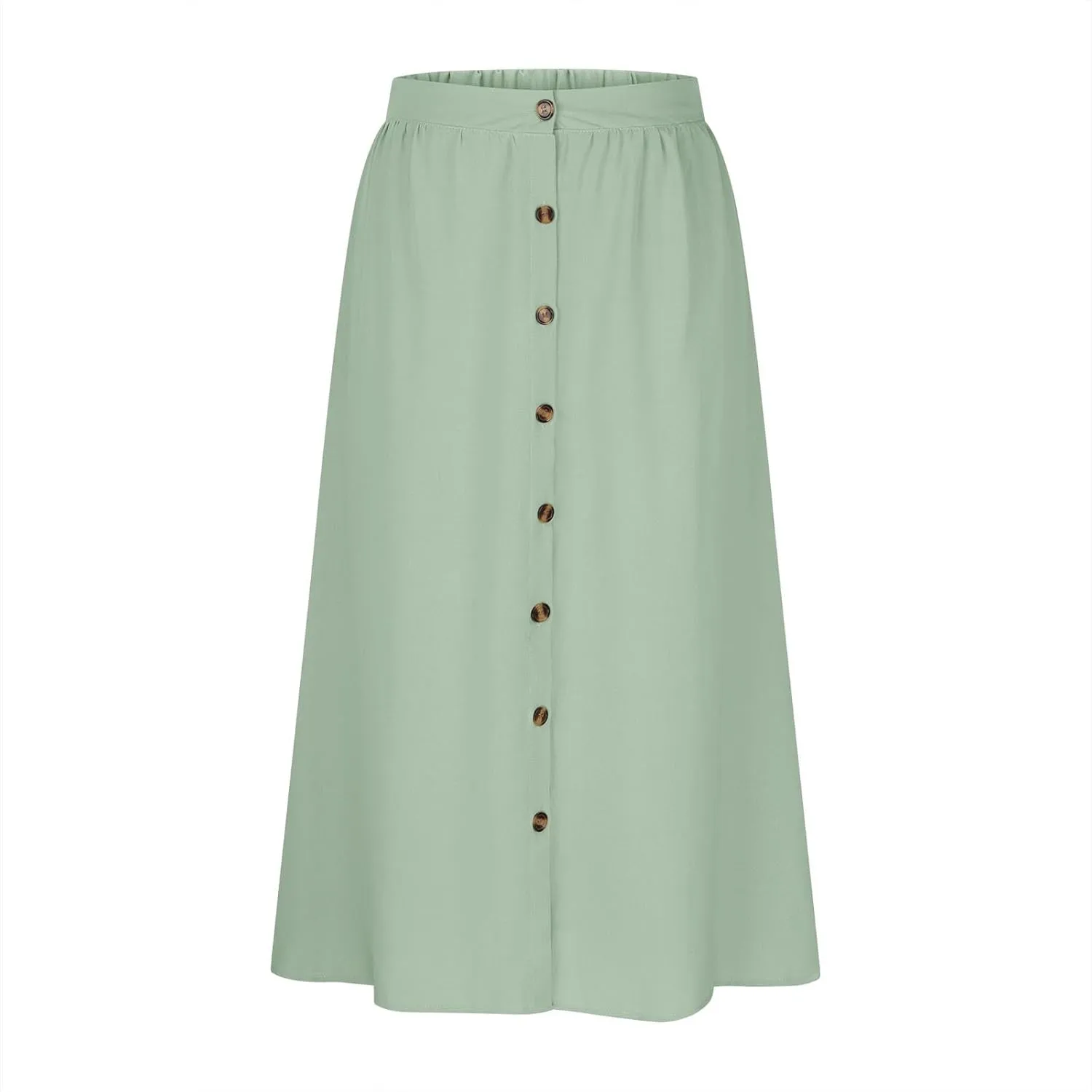 Long Skirts for Women Button Down Elastic High Waist A Line Casual Flowy Tiered Skirt Summer Beach Vacation Skirts