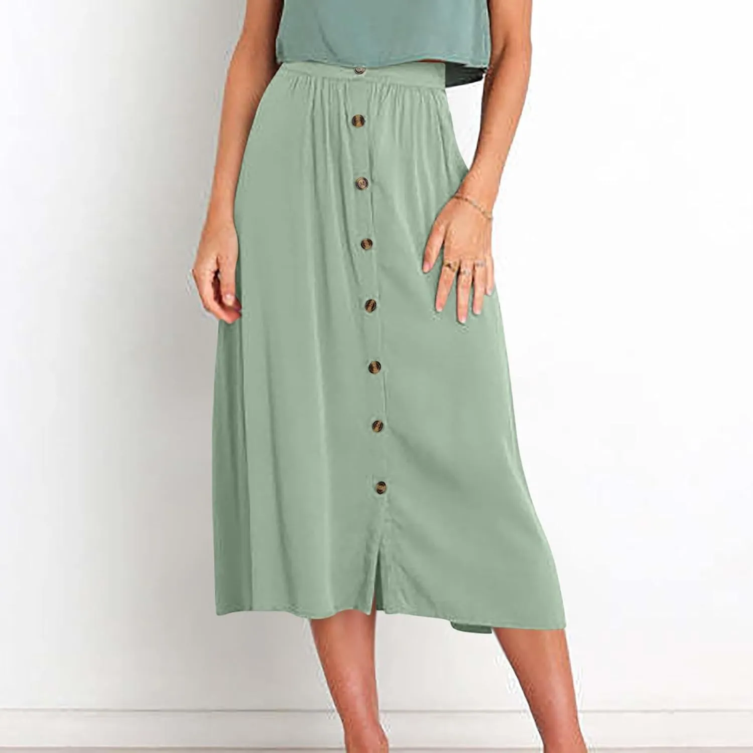 Long Skirts for Women Button Down Elastic High Waist A Line Casual Flowy Tiered Skirt Summer Beach Vacation Skirts