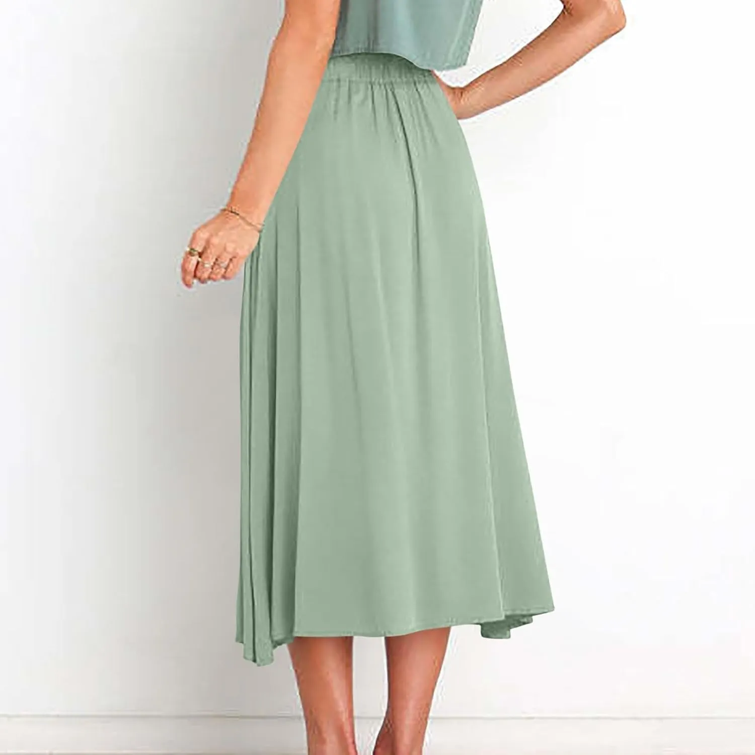 Long Skirts for Women Button Down Elastic High Waist A Line Casual Flowy Tiered Skirt Summer Beach Vacation Skirts