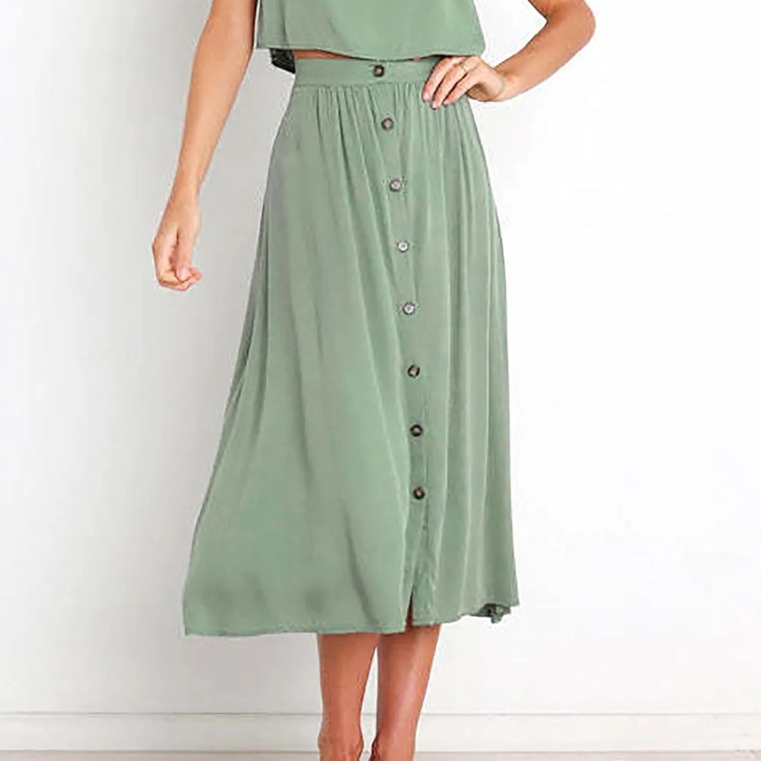 Long Skirts for Women Button Down Elastic High Waist A Line Casual Flowy Tiered Skirt Summer Beach Vacation Skirts
