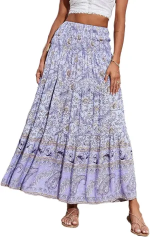 Long Skirts for Women Floral Boho Flowy Maxi Skirt Swing Tiered Midi Skirt Smocked Elastic High Waisted Skirts