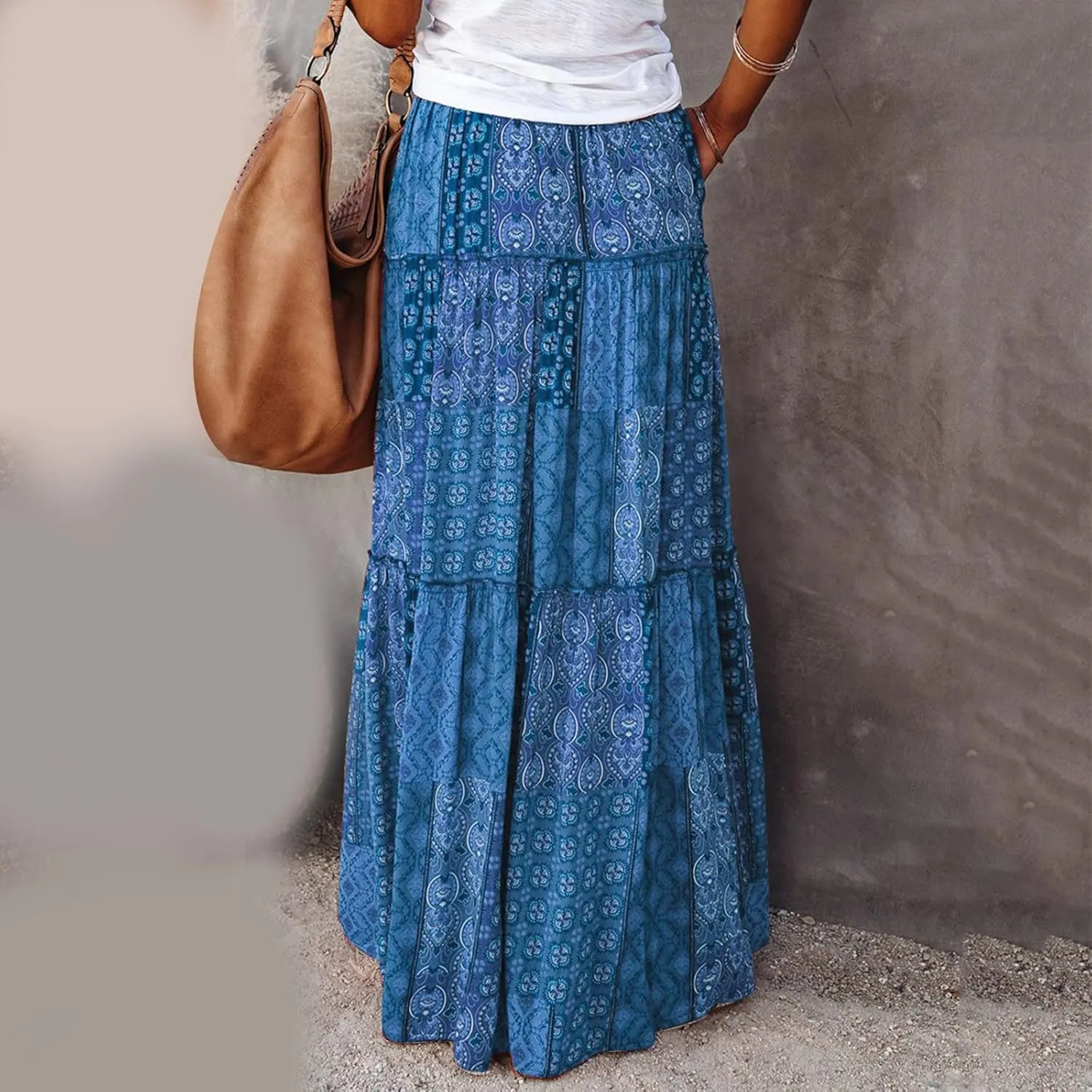 Long Skirts for Women Floral Print Boho Maxi Skirt Elastic High Waist Pleated Ruffle Flowy Swing Maxi Skirt with Pockets