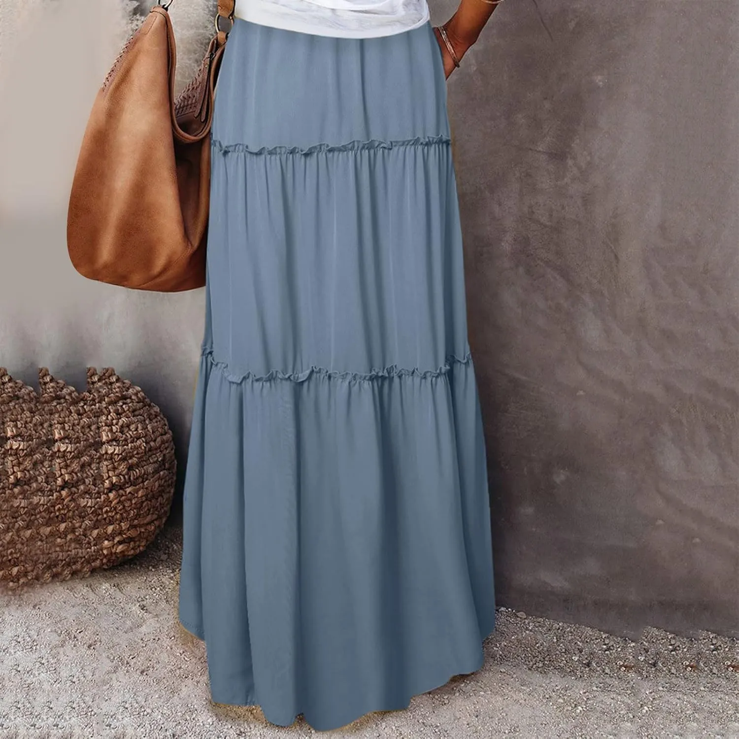 Long Skirts for Women Floral Print Boho Maxi Skirt Elastic High Waist Pleated Ruffle Flowy Swing Maxi Skirt with Pockets