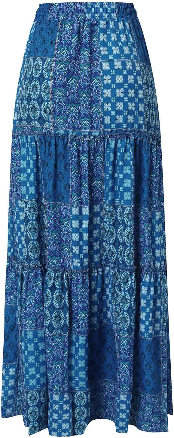 Long Skirts for Women Floral Print Boho Maxi Skirt Elastic High Waist Pleated Ruffle Flowy Swing Maxi Skirt with Pockets