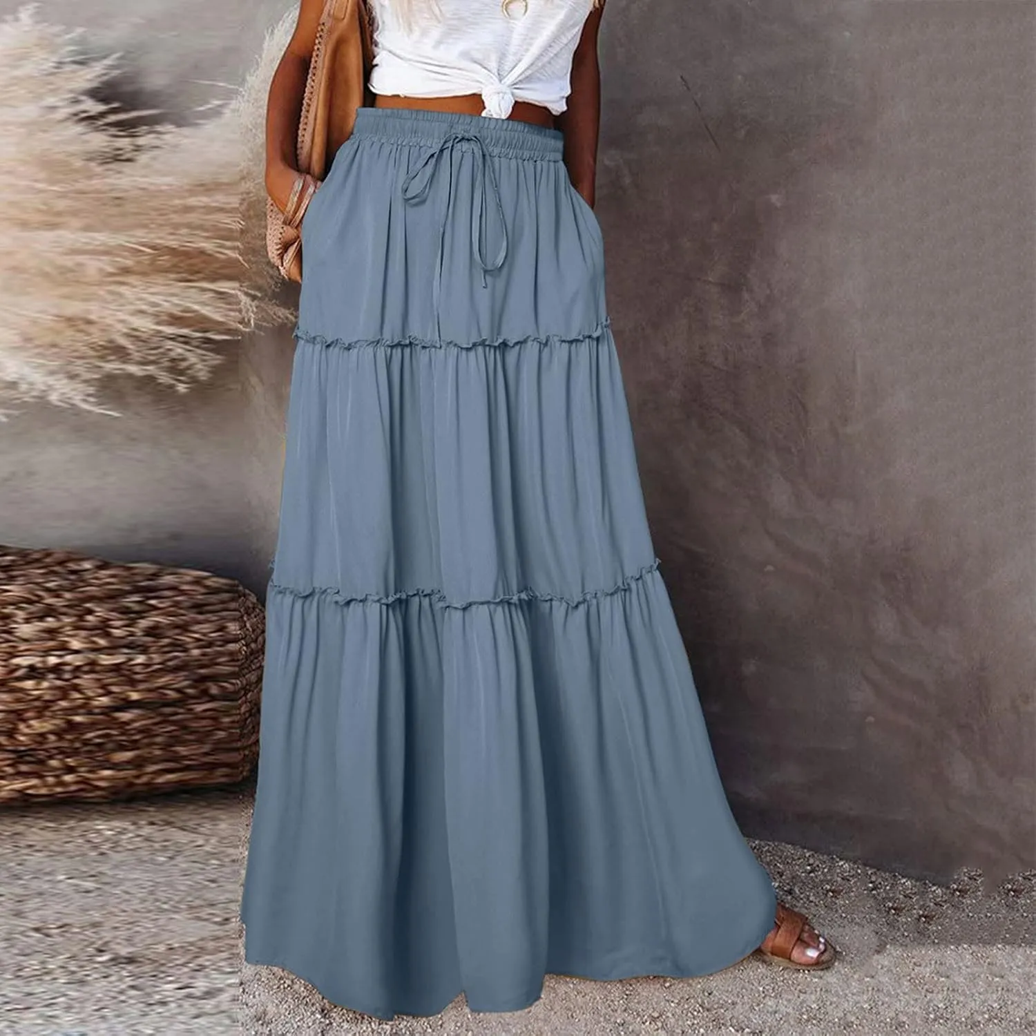 Long Skirts for Women Floral Print Boho Maxi Skirt Elastic High Waist Pleated Ruffle Flowy Swing Maxi Skirt with Pockets