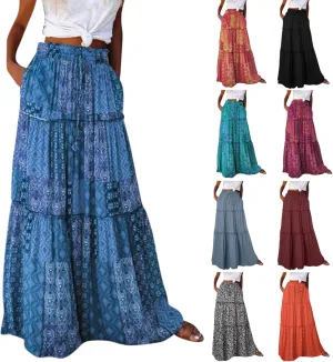 Long Skirts for Women Floral Print Boho Maxi Skirt Elastic High Waist Pleated Ruffle Flowy Swing Maxi Skirt with Pockets