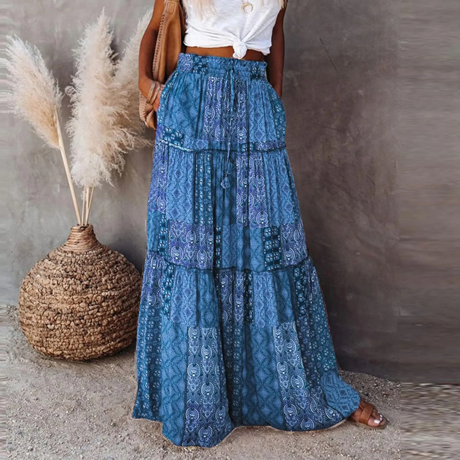 Long Skirts for Women Floral Print Boho Maxi Skirt Elastic High Waist Pleated Ruffle Flowy Swing Maxi Skirt with Pockets