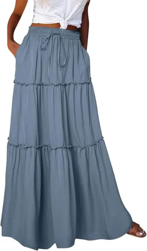 Long Skirts for Women Floral Print Boho Maxi Skirt Elastic High Waist Pleated Ruffle Flowy Swing Maxi Skirt with Pockets