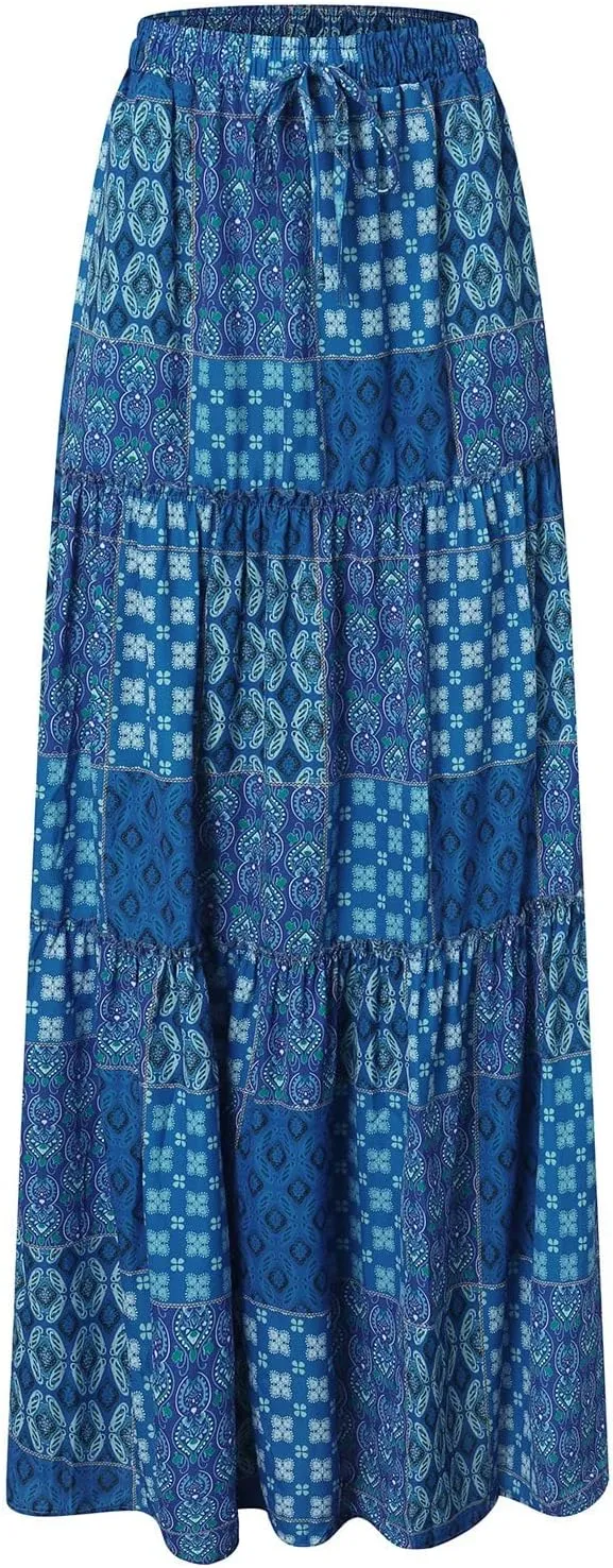 Long Skirts for Women Floral Print Boho Maxi Skirt Elastic High Waist Pleated Ruffle Flowy Swing Maxi Skirt with Pockets